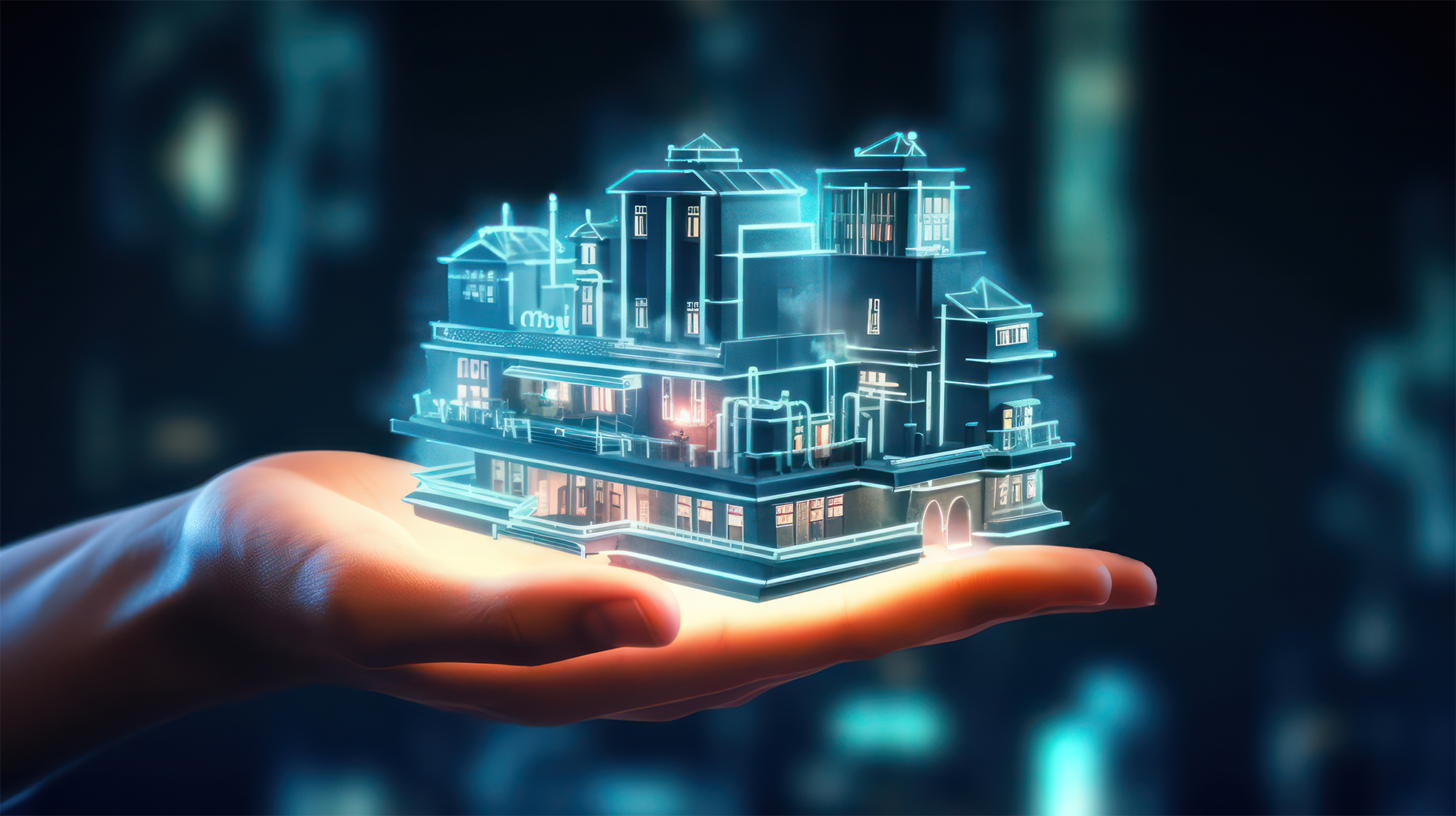 Hand pointing at digital virtual reality modern commercial building hologram on a futuristic HUD background